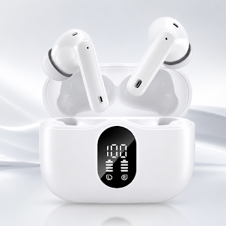 BeatBuds X1 earbuds in their charging case with LCD display